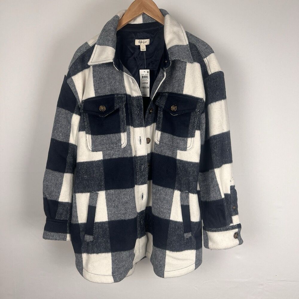 Style & Co Lined Flannel Shacket Womens L Blue Plaid Button Front Heavy Shirt